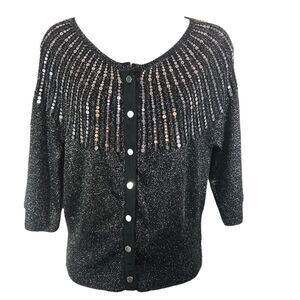 Harold's Women's SZ‎ M Black Dressy Cardigan Silver Sequins Metallic Thread NWT